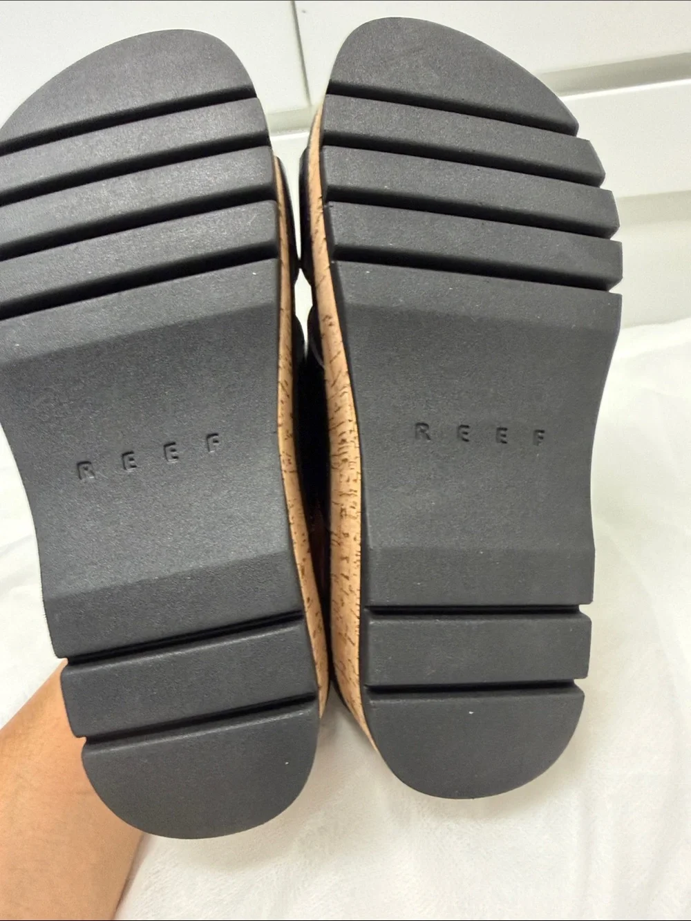 Reef Vista higher Gia Black Cork Platform Slide with Gold Buckle NWOT